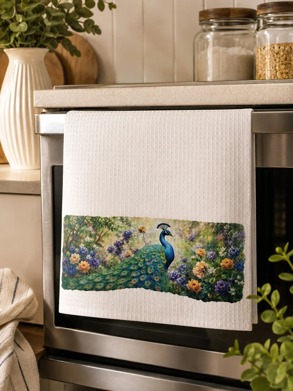 Hand Crafted Peacock Kitchen Linen Set in Green, Blue and Yellow